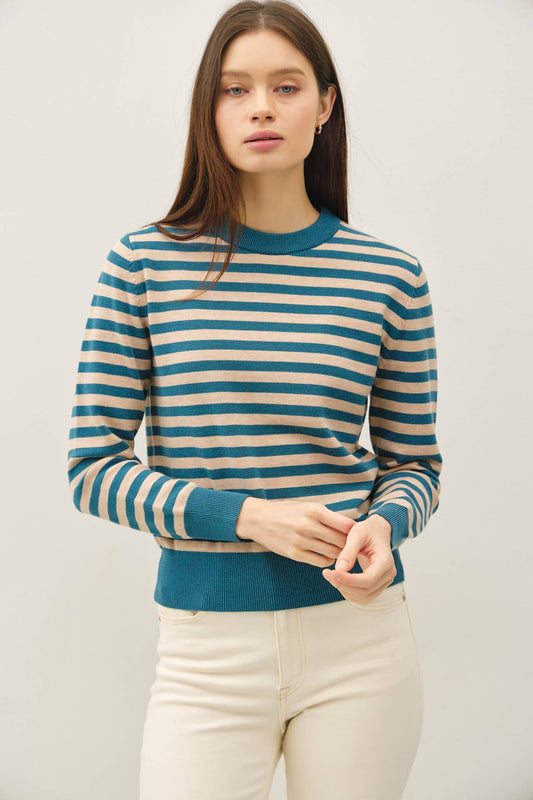 CLASSIC STRIPE CROPPED SWEATER: TEAL
