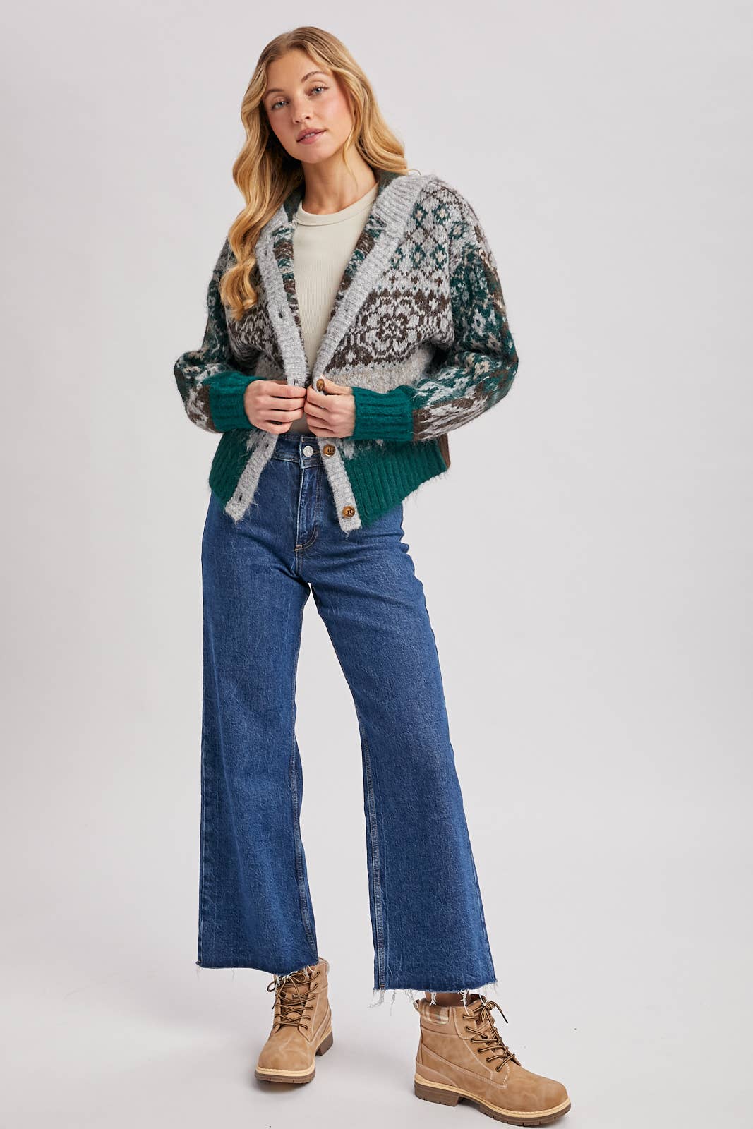 FAIR ISLE BUTTON DOWN KNIT SWEATER CARDIGAN HOODIE: GREEN COMBO