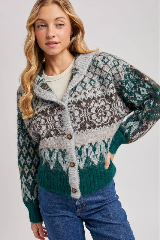 FAIR ISLE BUTTON DOWN KNIT SWEATER CARDIGAN HOODIE: GREEN COMBO