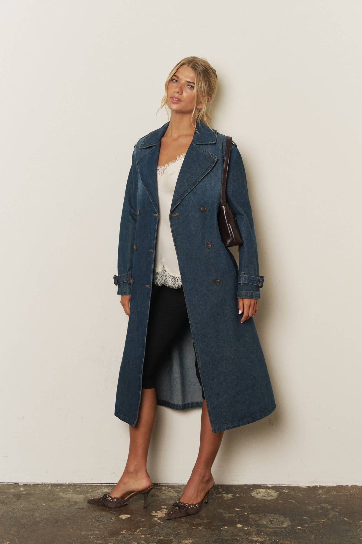 NOTCH COLLAR DENIM TRENCH COAT: DENIM