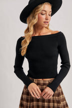 OFF THE SHOULDER LONG SLEEVE RIBBED KNIT TOP: Black