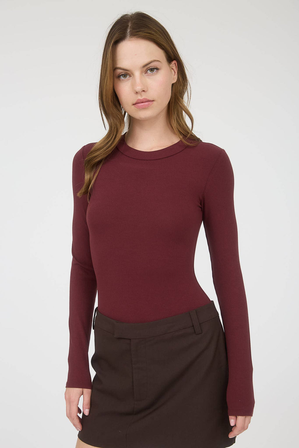 ROUND NECK LONG SLEEVE SWEATER KNIT BODYSUIT: OXBLOOD
