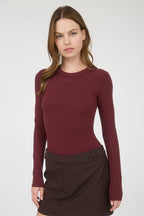 ROUND NECK LONG SLEEVE SWEATER KNIT BODYSUIT: OXBLOOD