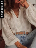 Open Knit Lace V Neck Button Front Blouse: Apricot