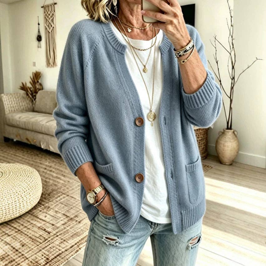 Button Front Crew Neck Pocket Knit Cardigan: Light Blue