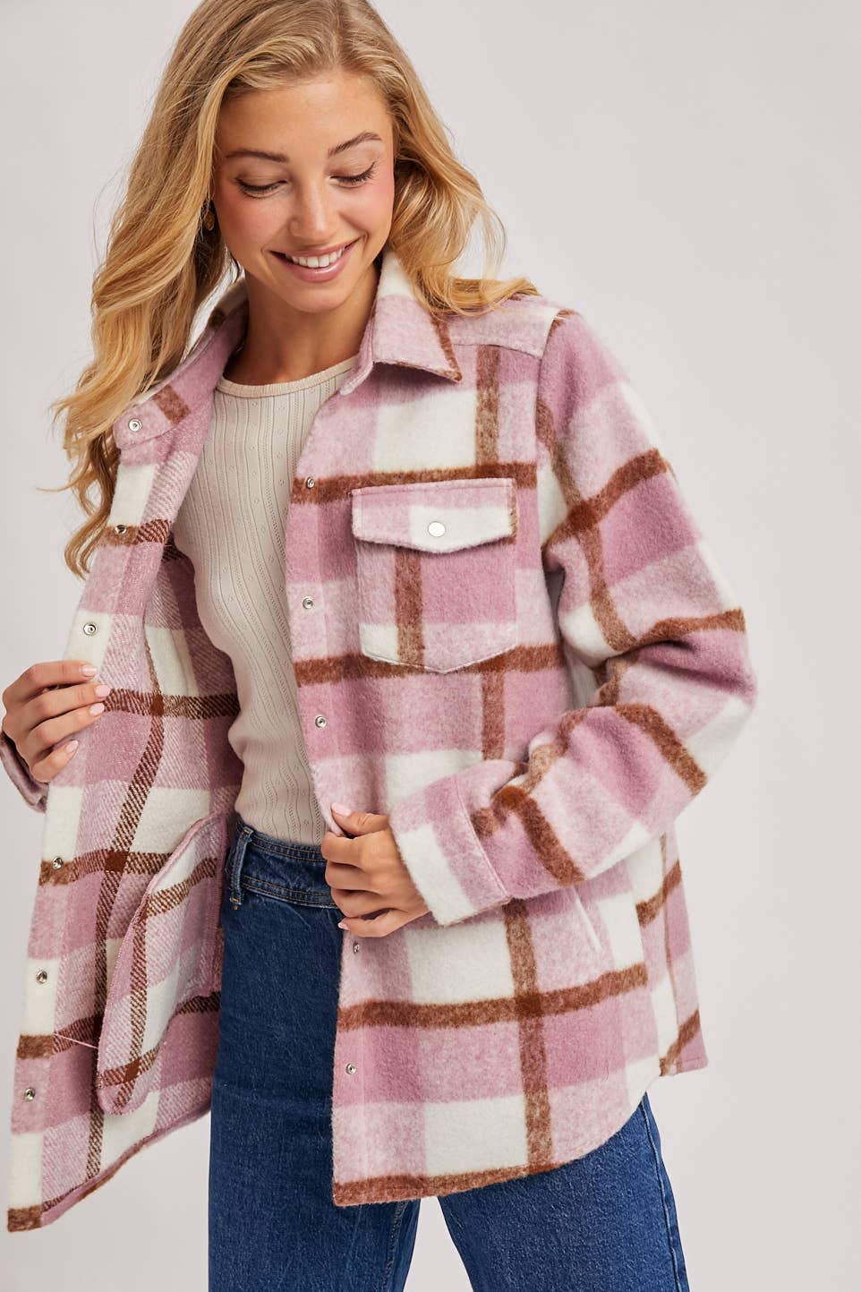 PLAID BRUSHED FLANNEL SHACKET: MAUVE