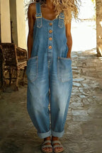 Washed Denim Overalls Adjustable Strap Relaxed Fit: Blue