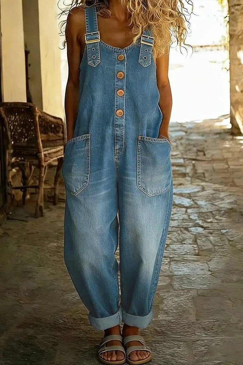 Washed Denim Overalls Adjustable Strap Relaxed Fit: Blue