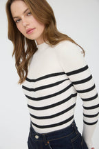 MOCK NECK STRIPE LONG SLEEVE SWEATER KNIT PULLOVER: IVORY
