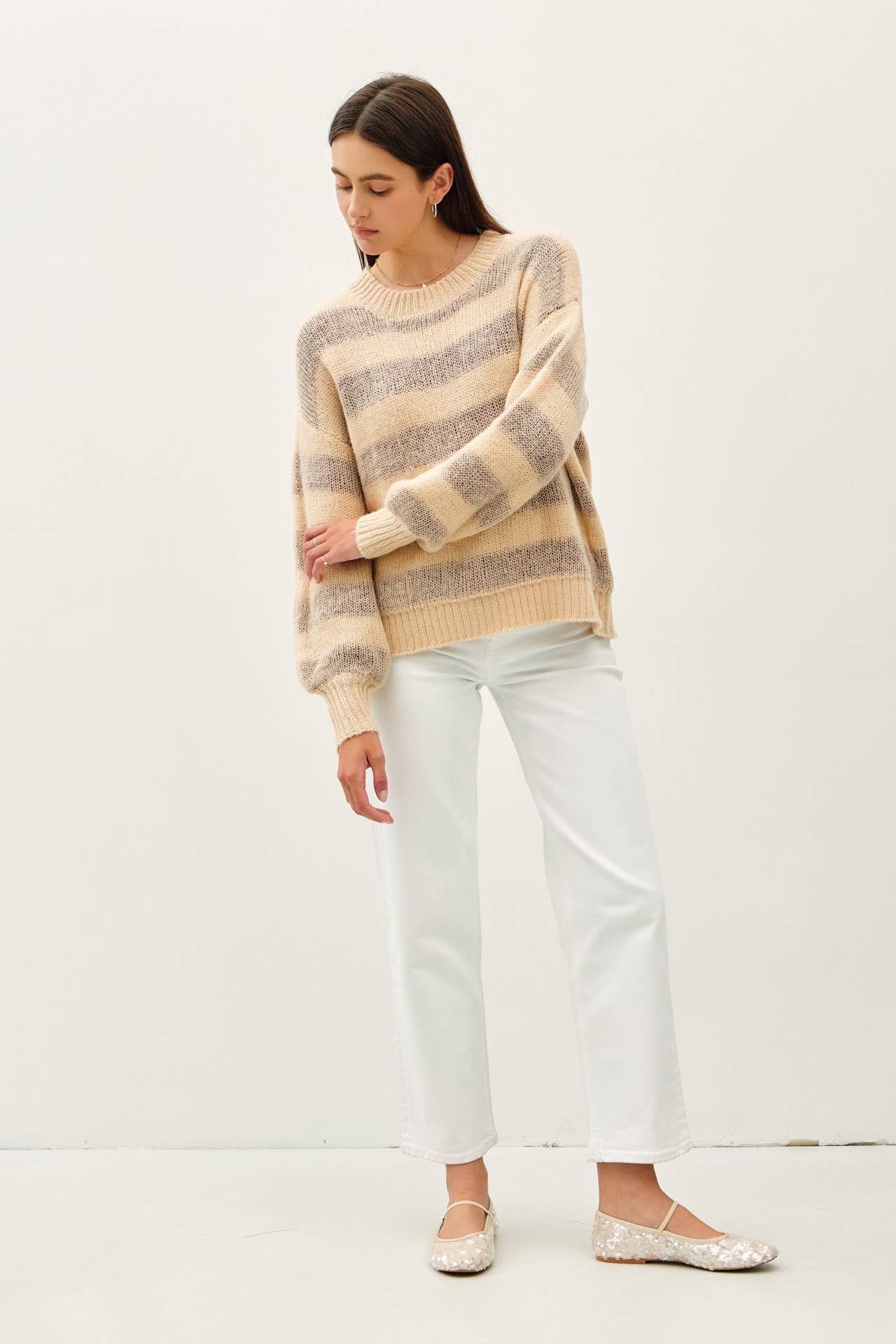 WOOL BLEND LARGE STRIPED COZY SWEATER: Poppy