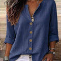 Women's Relaxed V-Neck Button Up Roll Sleeve Blouse: Blue