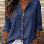 Women's Relaxed V-Neck Button Up Roll Sleeve Blouse: Blue