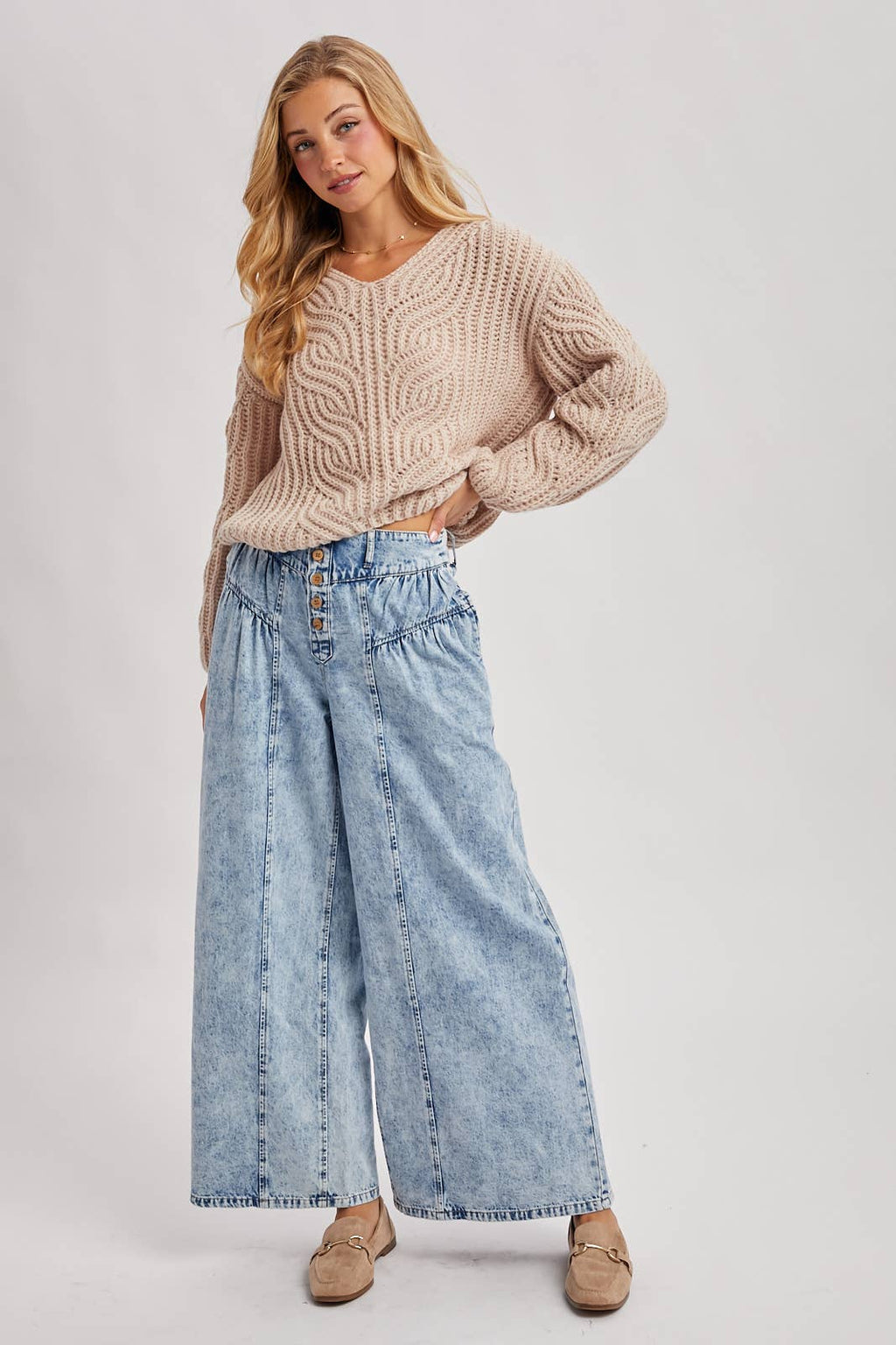 DENIM PLEATED RETRO HIGH-RISE WIDE LEG JEANS: LT.WASH