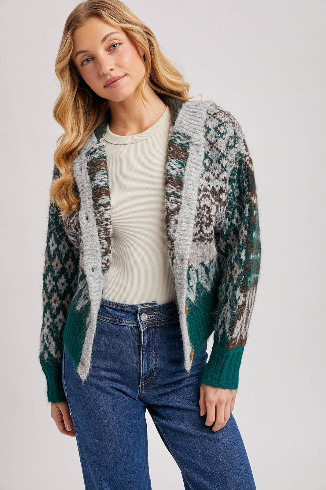 FAIR ISLE BUTTON DOWN KNIT SWEATER CARDIGAN HOODIE: GREEN COMBO