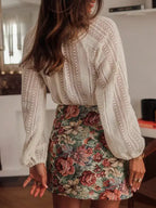 Open Knit Lace V Neck Button Front Blouse: Apricot