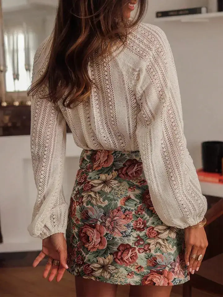 Open Knit Lace V Neck Button Front Blouse: Apricot