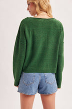 BOAT NECK ROLLED TRIM SOFT HEATHERED KNIT PULLOVER: HUNTER GREEN