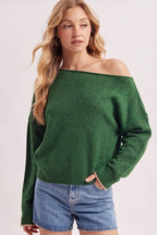 BOAT NECK ROLLED TRIM SOFT HEATHERED KNIT PULLOVER: HUNTER GREEN