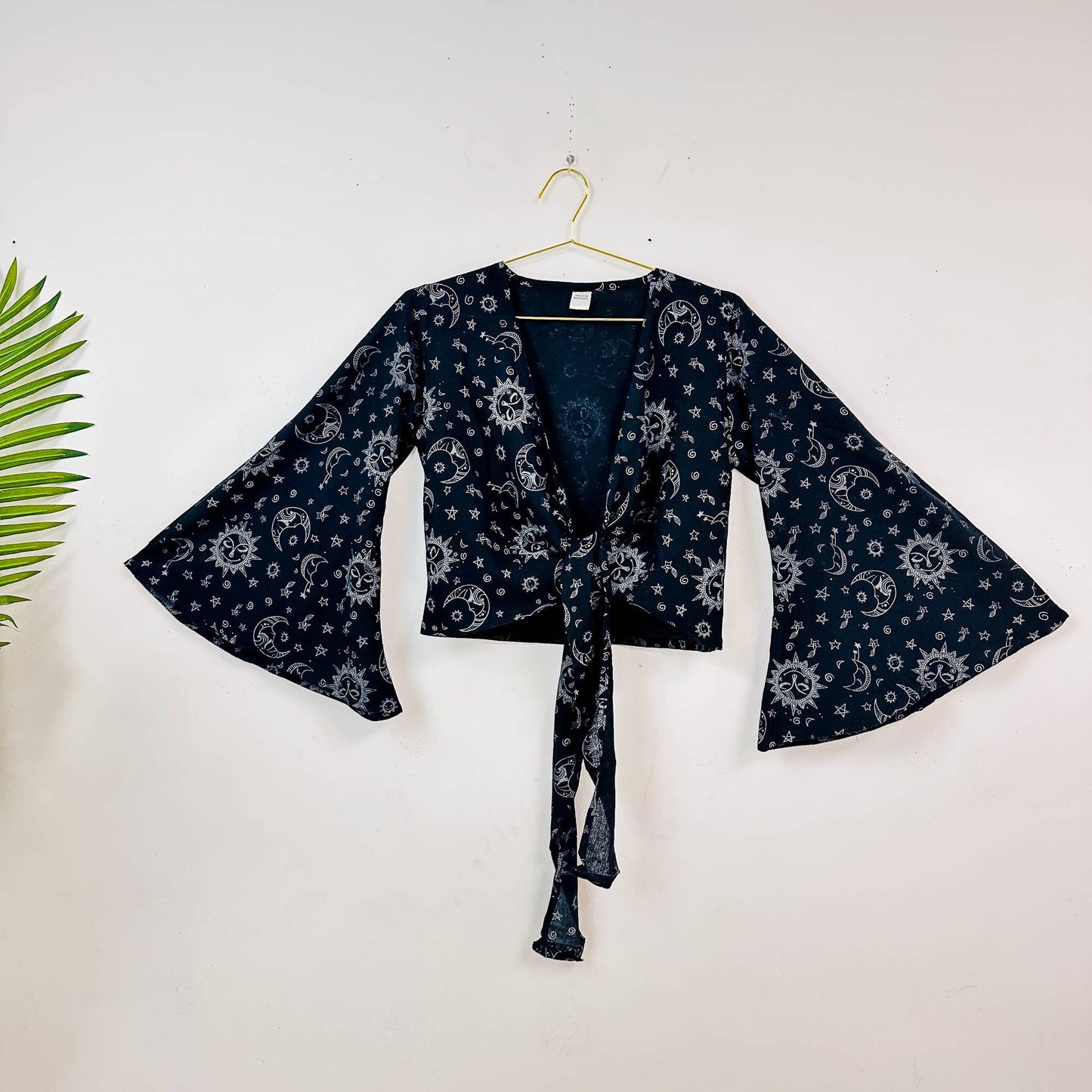 Black Celestial Print Boho Bell Sleeve Tie Top