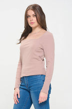 LONG SLEEVE RIBBED KNIT SQUARE NECK BASIC TOP: TAUPE