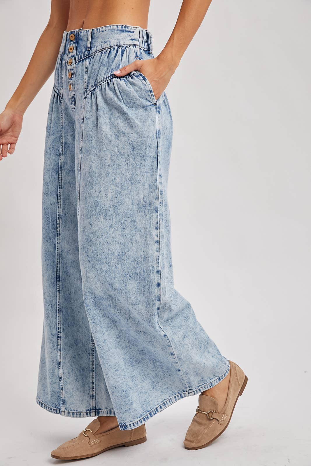 DENIM PLEATED RETRO HIGH-RISE WIDE LEG JEANS: LT.WASH