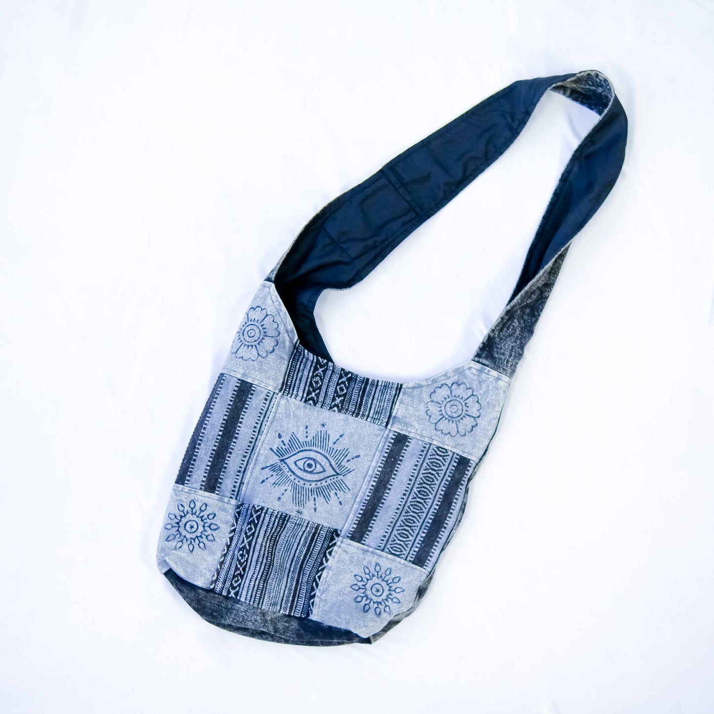 Gray Cotton Patchwork Messenger Bag with Mushroom Print