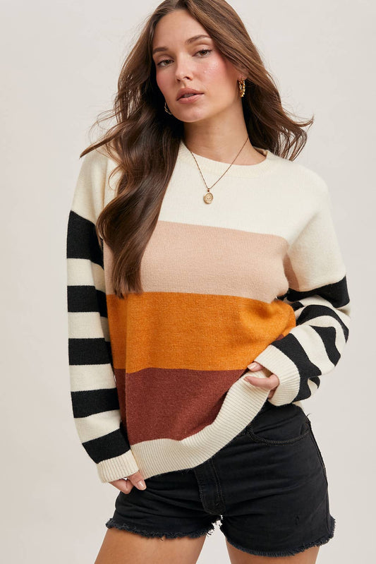COLOR BLOCK SWEATER PULLOVER: BEIGE/HAZELNUT