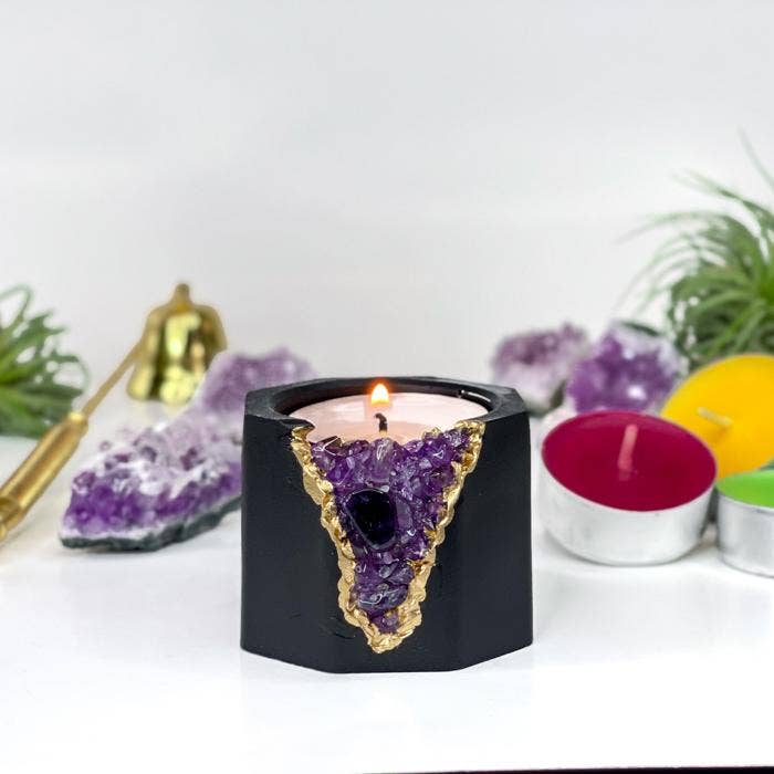 Raw Amethyst Candle Holder | Planter | Black, Black Crystal Candle