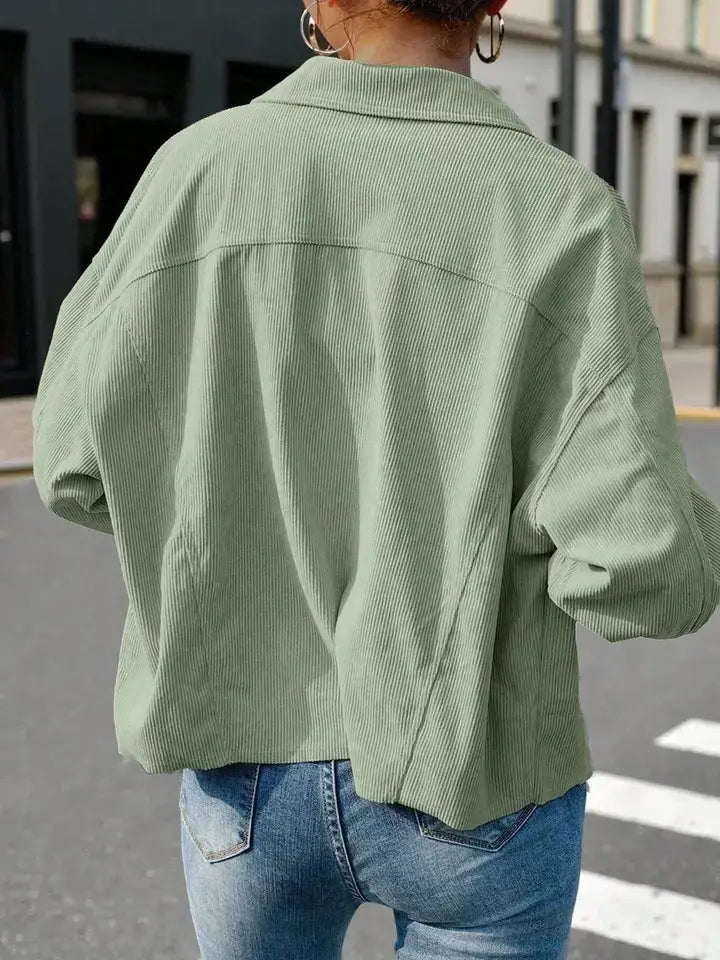 Corduroy Button Front Shacket with Flap Pockets: Light Green
