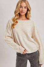 BOAT NECK ROLLED TRIM SOFT HEATHERED KNIT PULLOVER: LATTE
