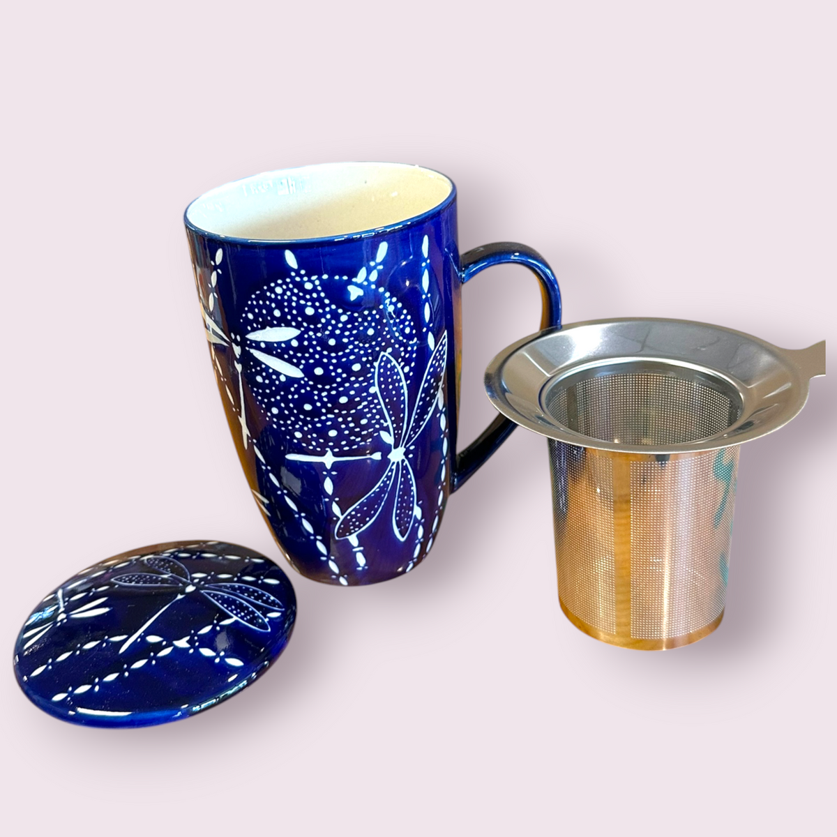 Dragonfly Design 15oz Tea Mugs with Lid and Infuser for Loose Leaf Tea