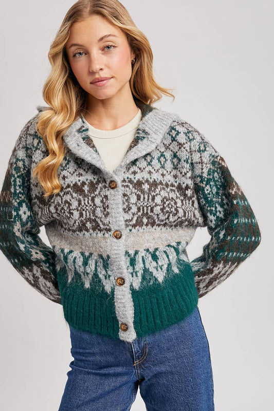 FAIR ISLE BUTTON DOWN KNIT SWEATER CARDIGAN HOODIE: GREEN COMBO