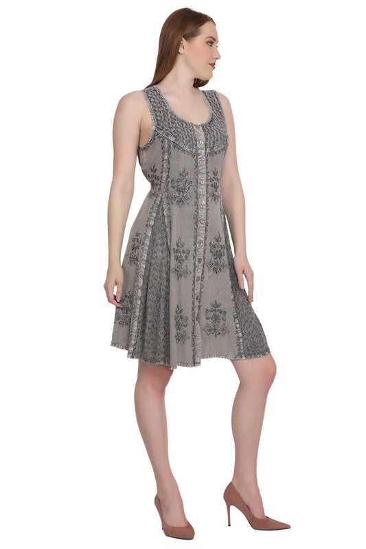Gray Button Up Embroidery Dress
