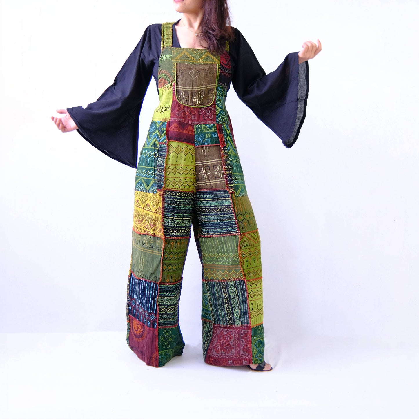 Green Patchwork Wide Leg Cotton Jumpsuit