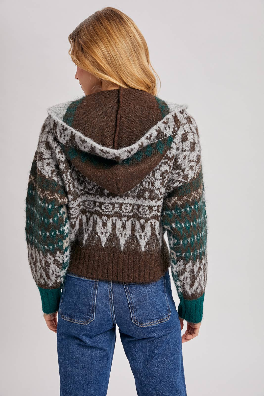 FAIR ISLE BUTTON DOWN KNIT SWEATER CARDIGAN HOODIE: GREEN COMBO