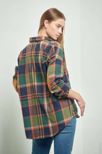 Green Elbow Patch Plaid Shirt