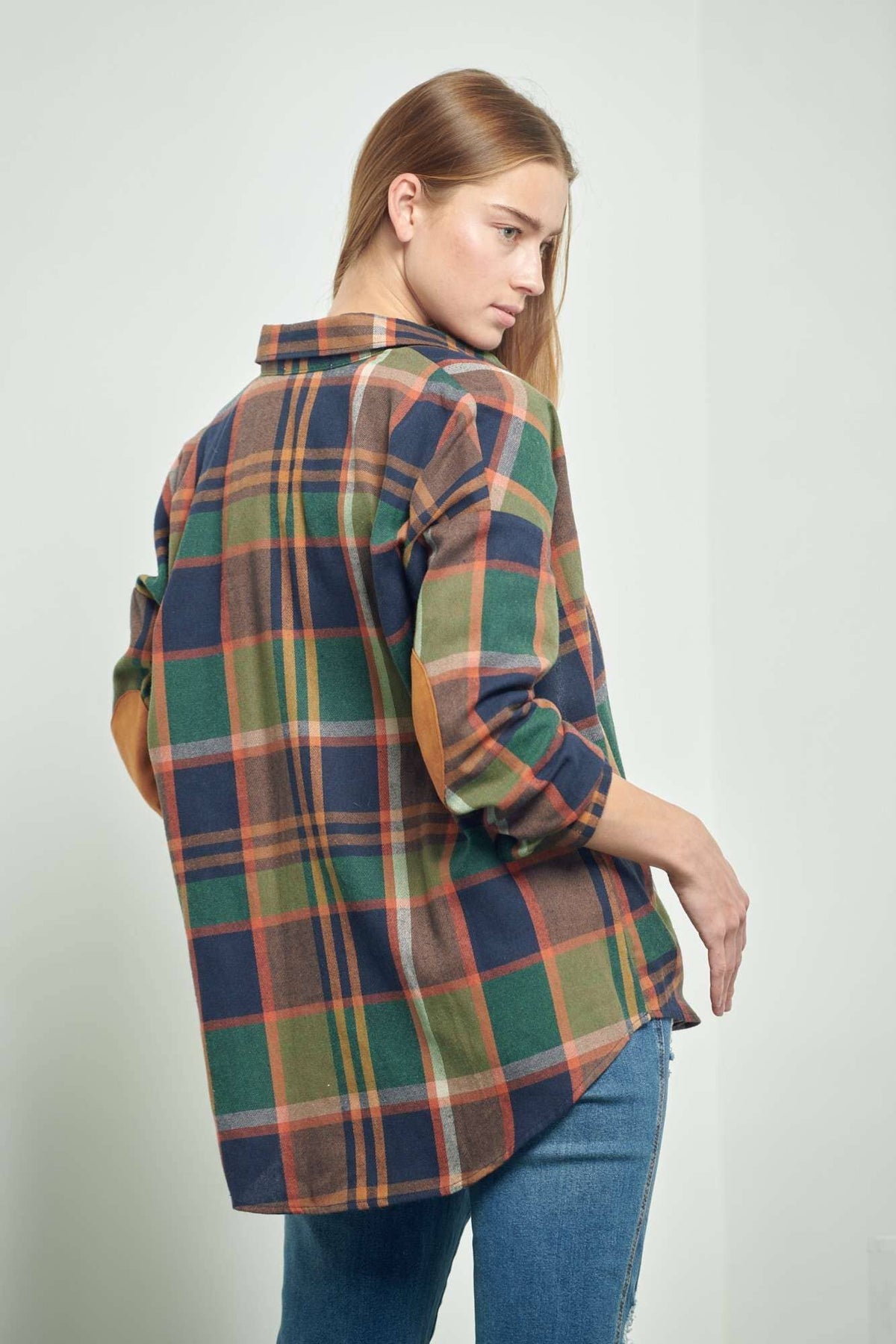 Green Elbow Patch Plaid Shirt
