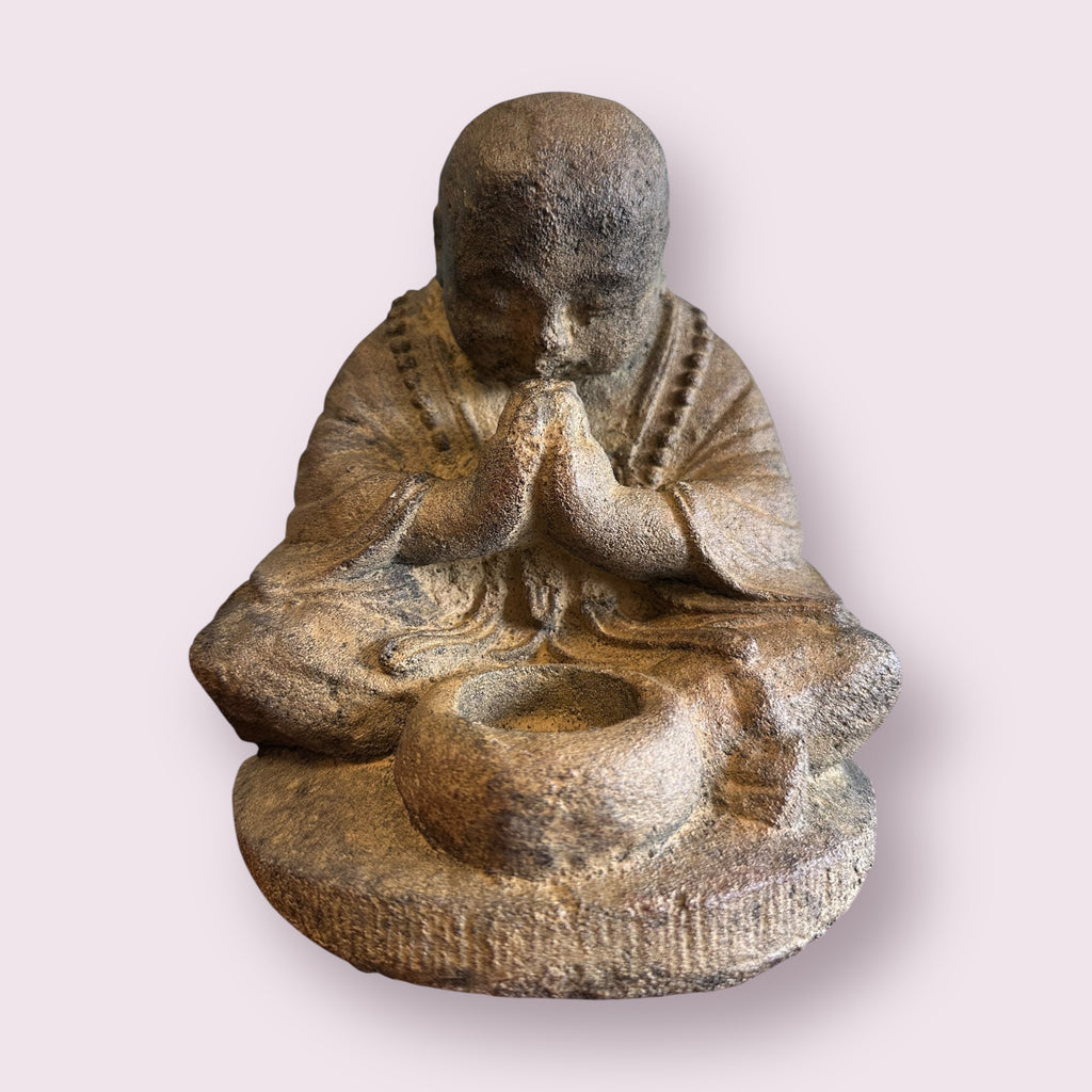 Volcanic Stone Statue T-light Holder Praying Monk