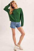 BOAT NECK ROLLED TRIM SOFT HEATHERED KNIT PULLOVER: HUNTER GREEN