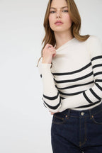 MOCK NECK STRIPE LONG SLEEVE SWEATER KNIT PULLOVER: IVORY