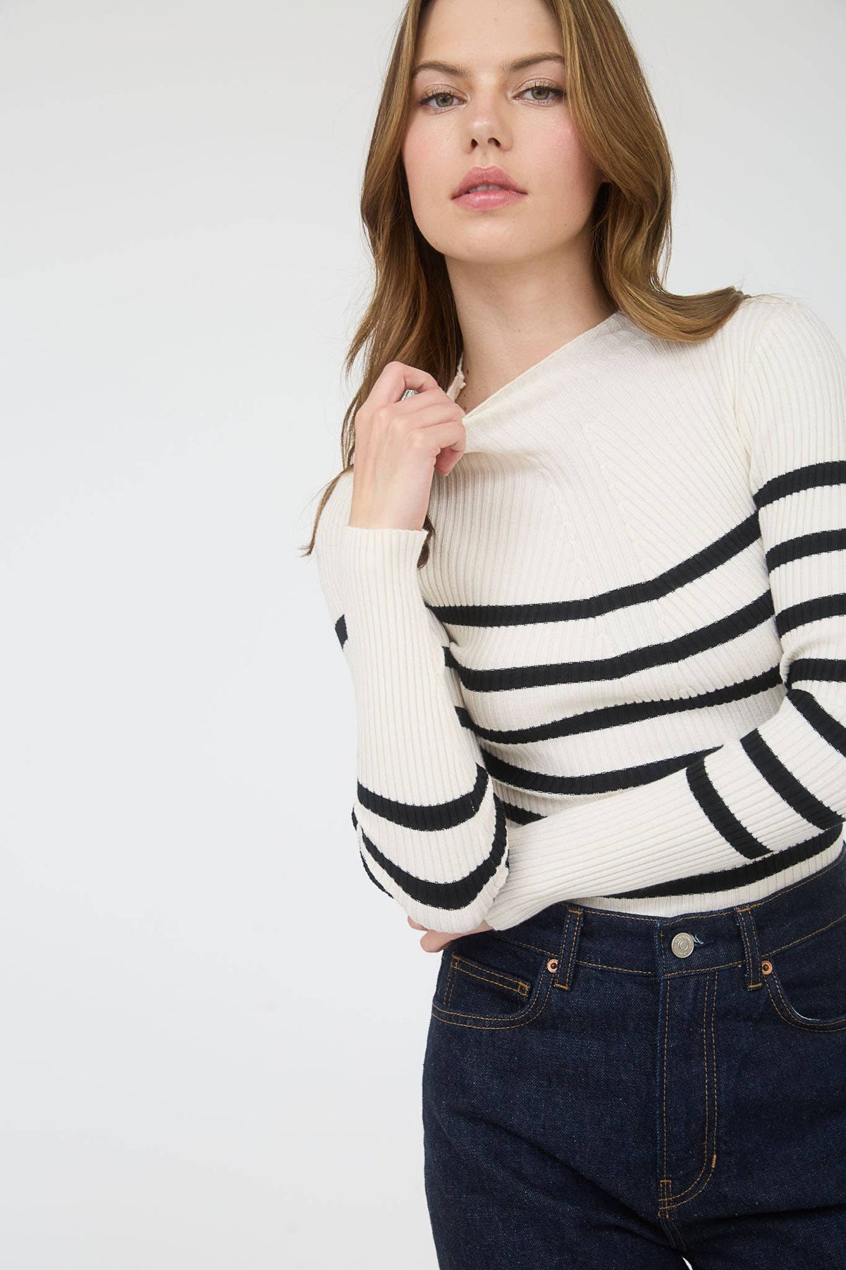 MOCK NECK STRIPE LONG SLEEVE SWEATER KNIT PULLOVER: IVORY
