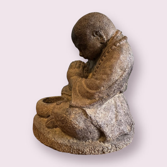 Volcanic Stone Statue T-light Holder Praying Monk