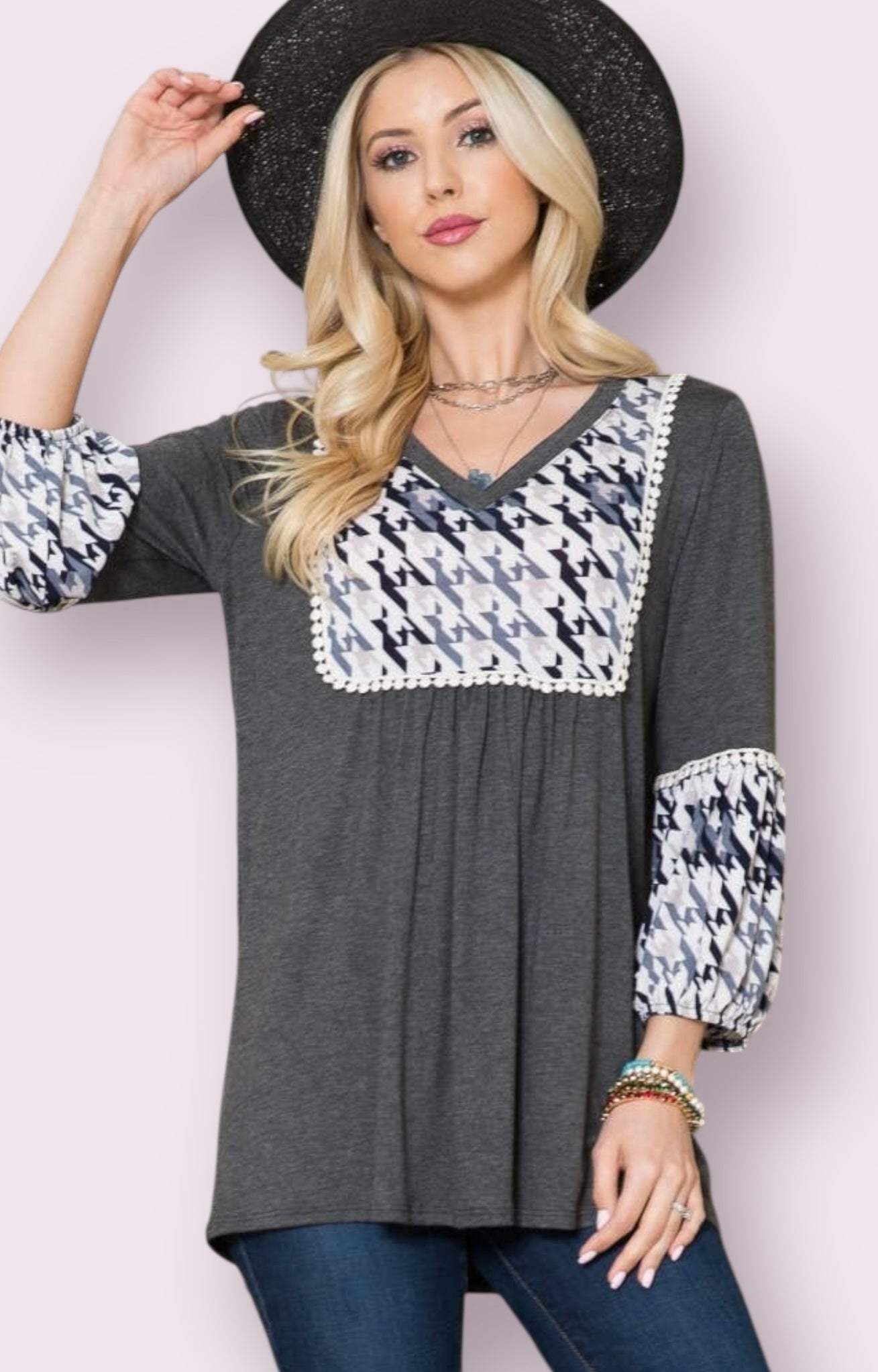 Crocheted Boho V Neck Top - Charcoal