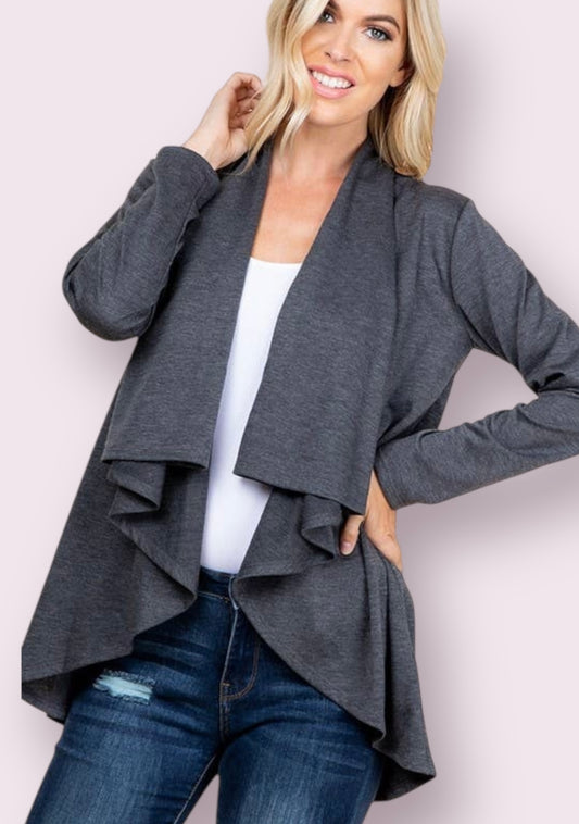 SOLID OPEN CARDIGAN WITH DRAPED AND BUTTON: CHARCOAL