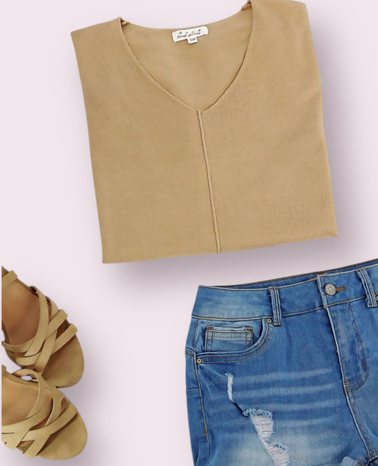 Light Knit V Neck Sleeveless Top With Front Seam Taupe