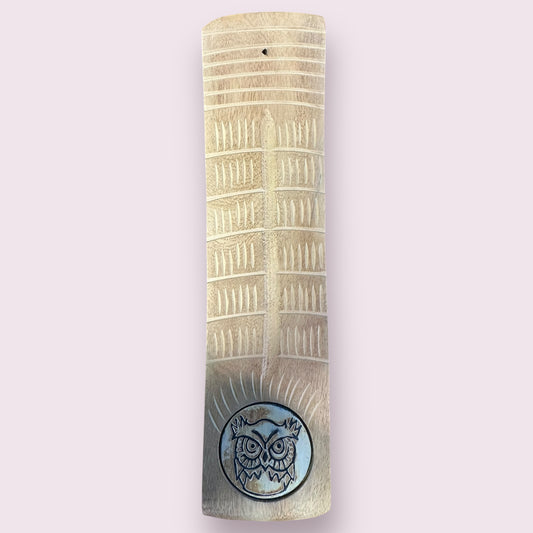 Owl Wide Engraved Wood Incense Holder