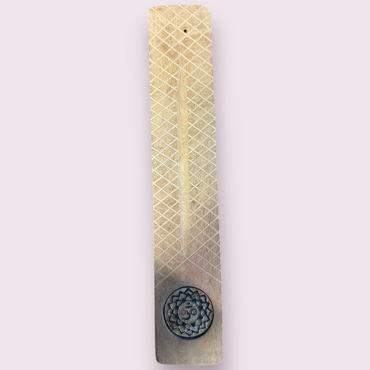Om Lotus Wide Engraved Wood Incense Holder