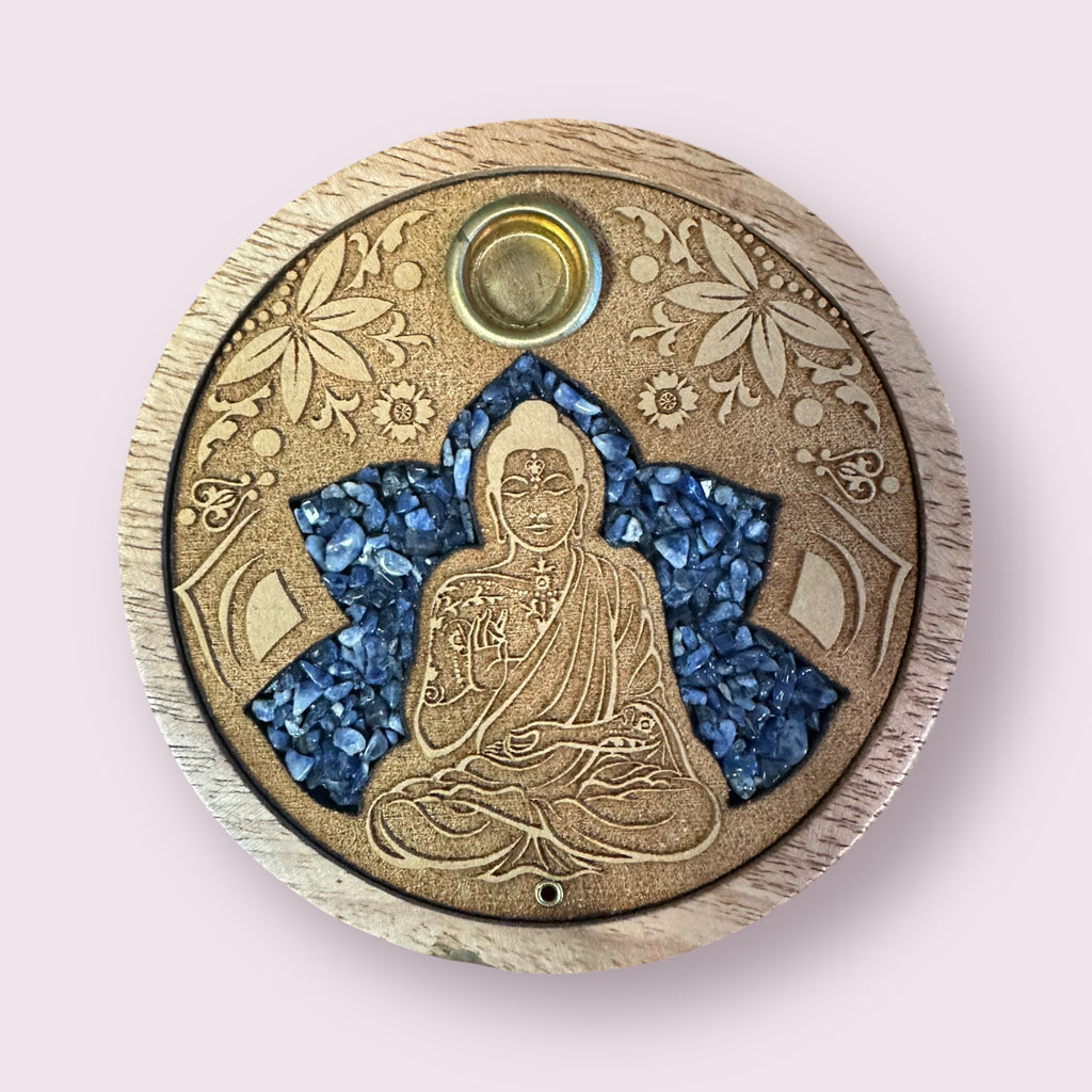 Buddha w/ Sodalite Laser Etched Wood Round Incense Holder