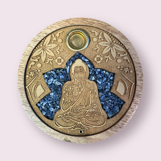 Buddha w/ Sodalite Laser Etched Wood Round Incense Holder