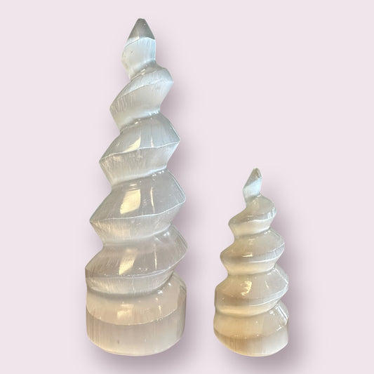 White Selenite Gemstone Carving Standing Twist Unicorn Horn